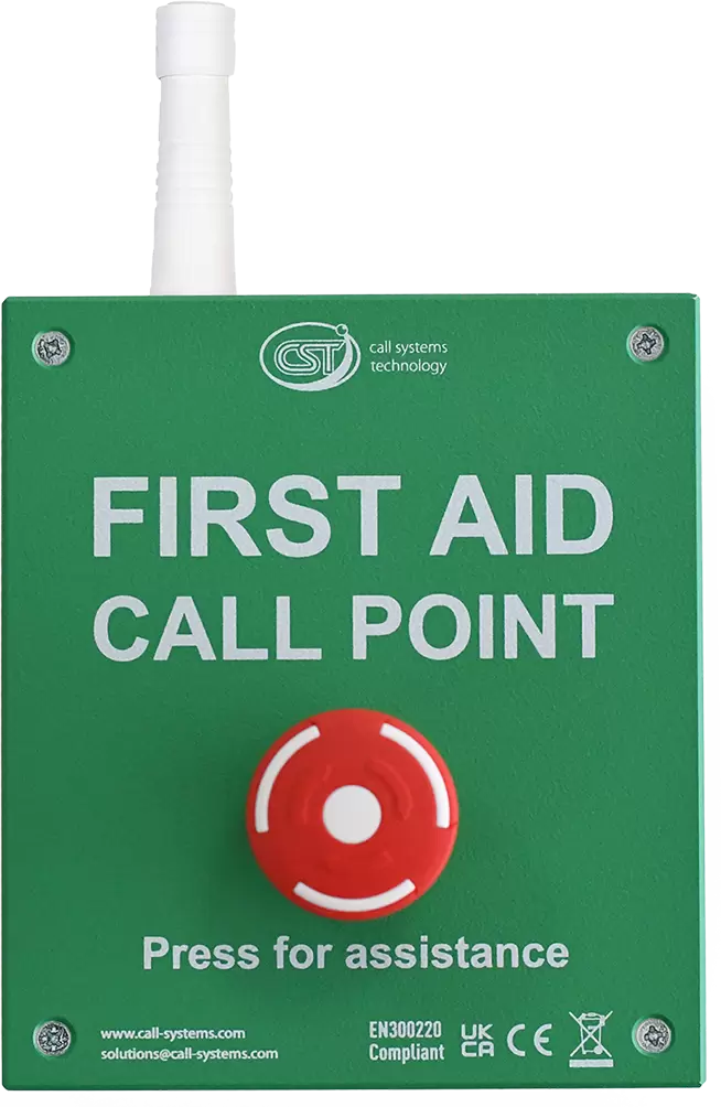 CST Call Buttons. Green, Emergency Wireless Smack Button, saying First Aid Call Point.
