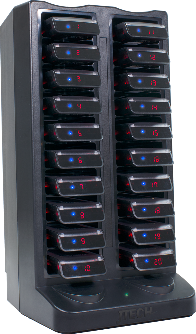 CST Charging Racks. CommPass 20 Slot Charger, with pagers displaying their dedicated number. 