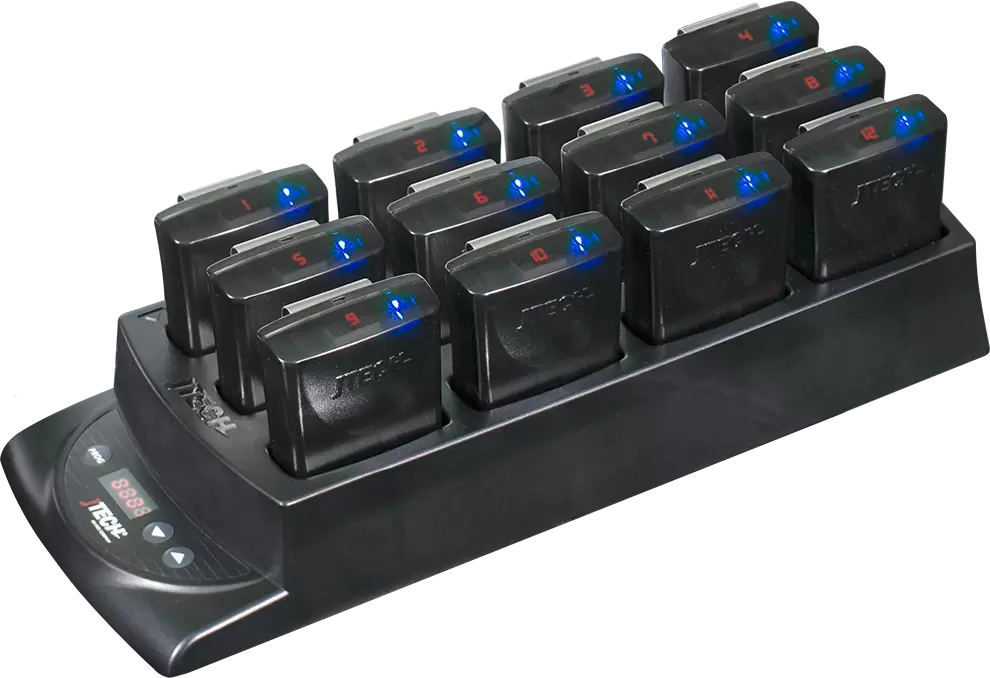 CST Charging Racks. Rugged Pager 12 Slot Charger, showing pagers in image. 