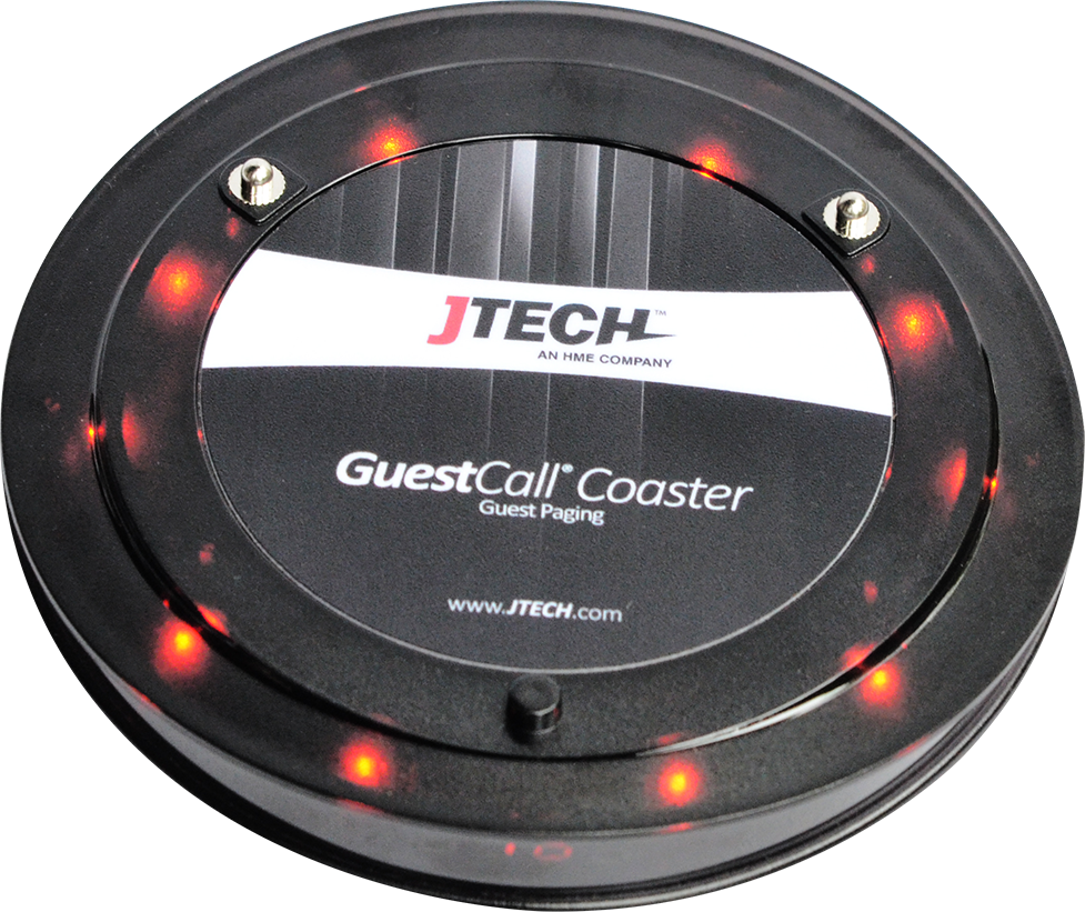 CST Customer Pagers. GuestCall Coaster Pager with red LED lights around the outside. 